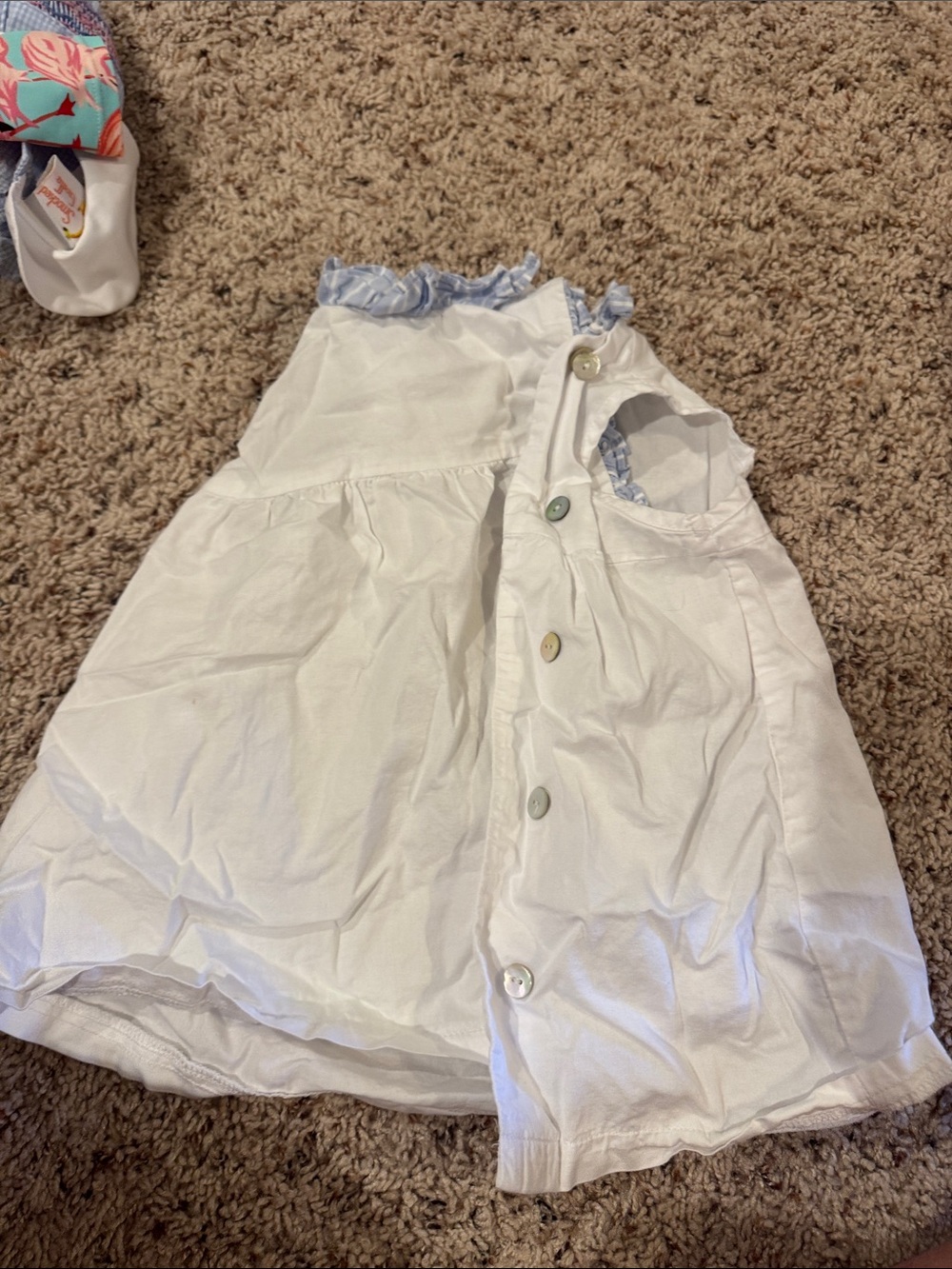 Girls White Sleeveless Button-Back Dress with Light Blue Trim